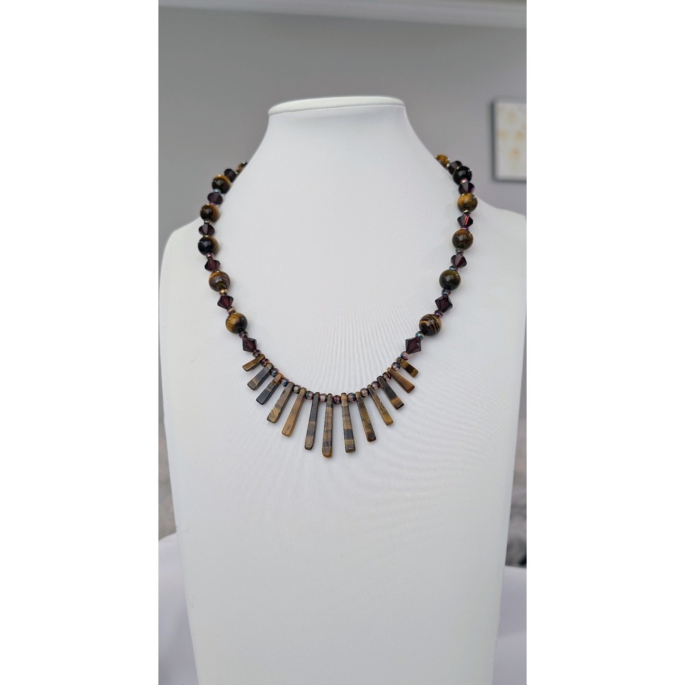 Vintage 1980s Tiger's Eye Graduating Collar Necklace Austrian Crystal 18" LT67
